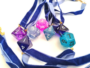 Polyhedral Dice on Sapphire Blue Choker