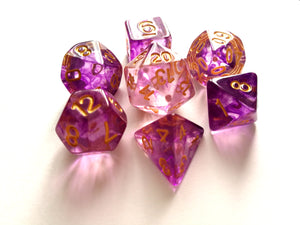 Purple Mist with Gold Ink Translucent Swirl Dice Set