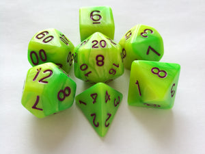 Green/Yellow Dual Colour Dice Set with Purple Ink