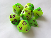 Green/Yellow Dual Colour Dice Set with Purple Ink