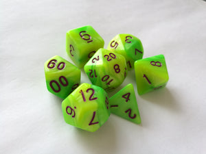 Green/Yellow Dual Colour Dice Set with Purple Ink